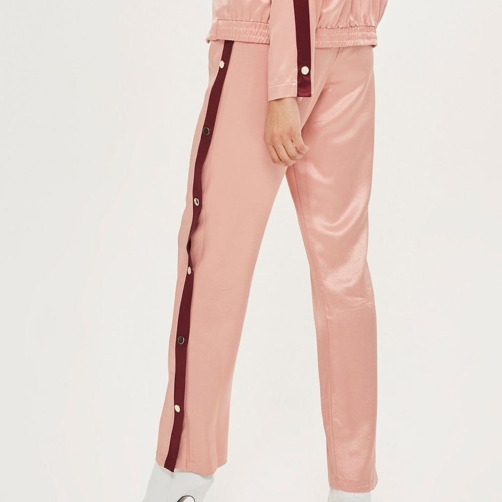 Topshop Pink Satin Track Pants with Burgundy Stripe